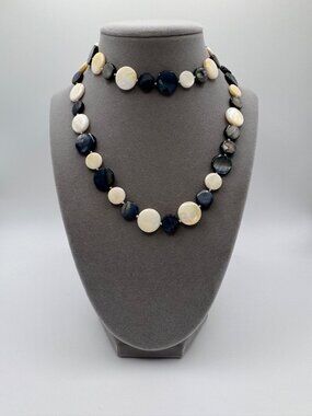 28” Abalone MOP Shell Disc Necklace Black Cream Iridescent Beaded Strand